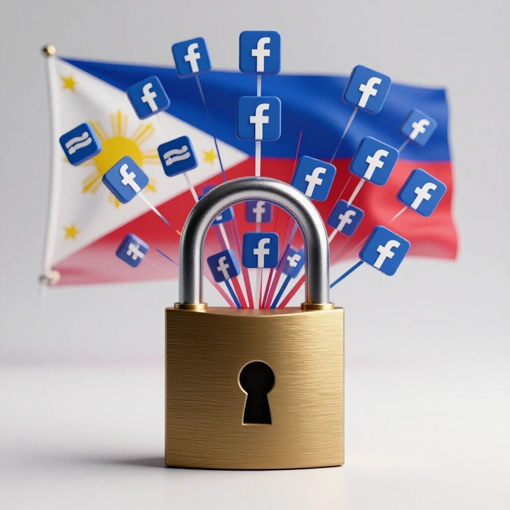 A vibrant image of an open padlock with Facebook logo icons emerging, symbolizing unlocking potential, against the Philippine flag colors.