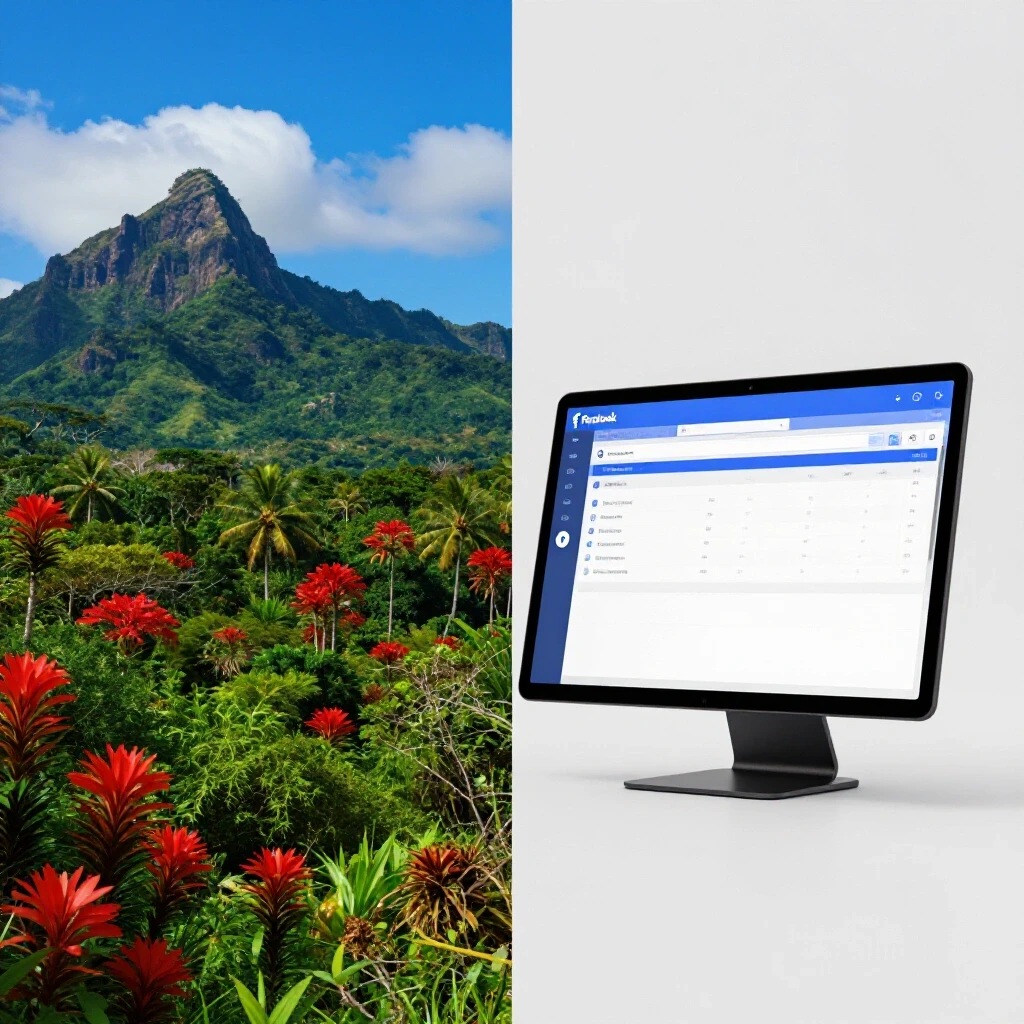A split-composition image showing a Philippine landscape on one side and Facebook Ads analytics dashboard on the other, showcasing the contrast between nature and digital marketing.