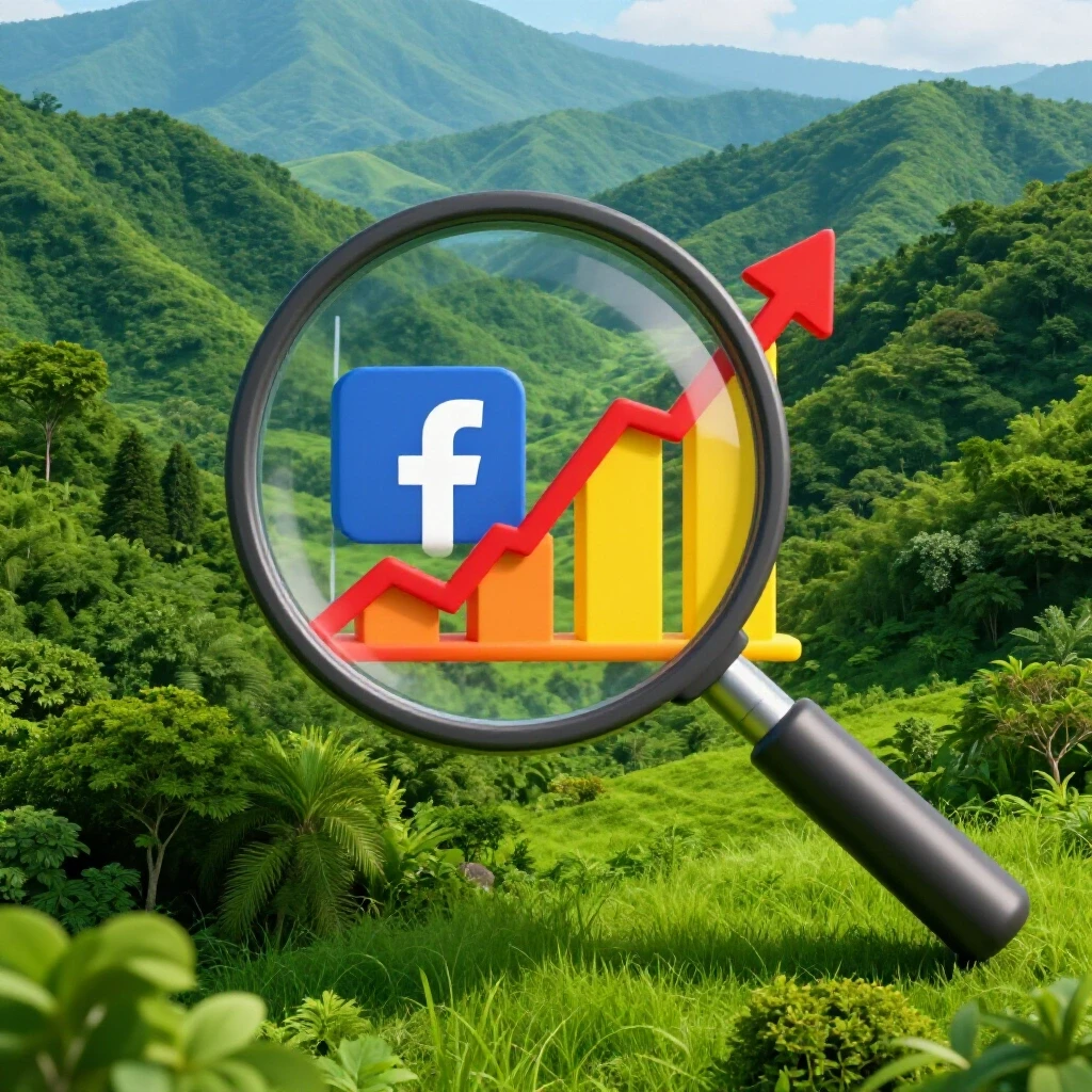 A vibrant Philippine landscape with a large magnifying glass highlighting a growth graph, emphasizing Facebook Ads success.