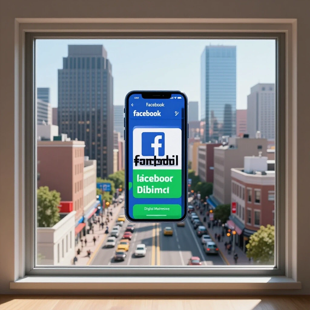A smartphone displaying a Facebook ad next to a sparkling clean window reflecting a busy cityscape.