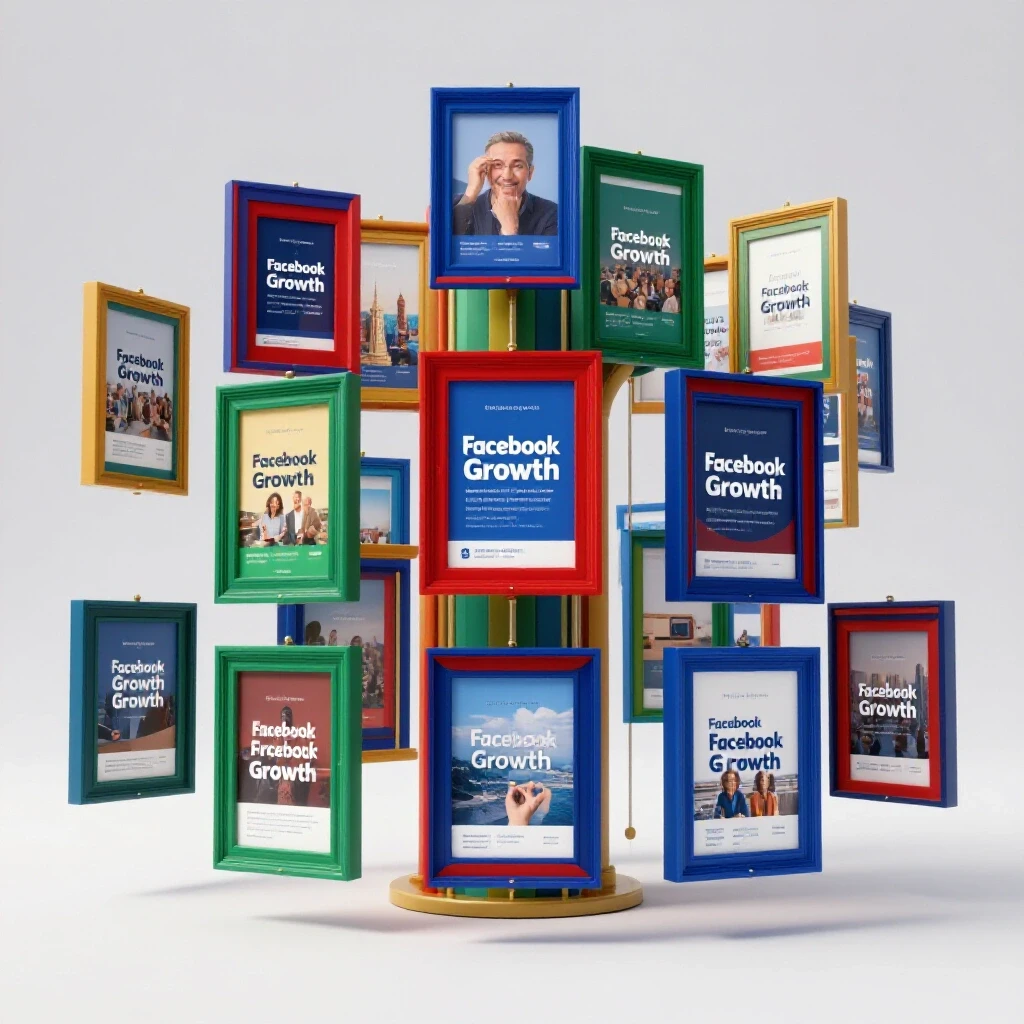 Dynamic visual of colorful ad frames in motion showcasing Facebook growth, with a clean light grey background.