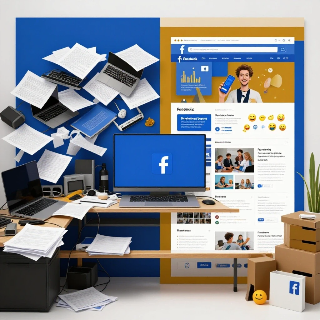 A split-screen image contrasting a chaotic workspace with an organized Facebook page layout, illustrating effective strategies.