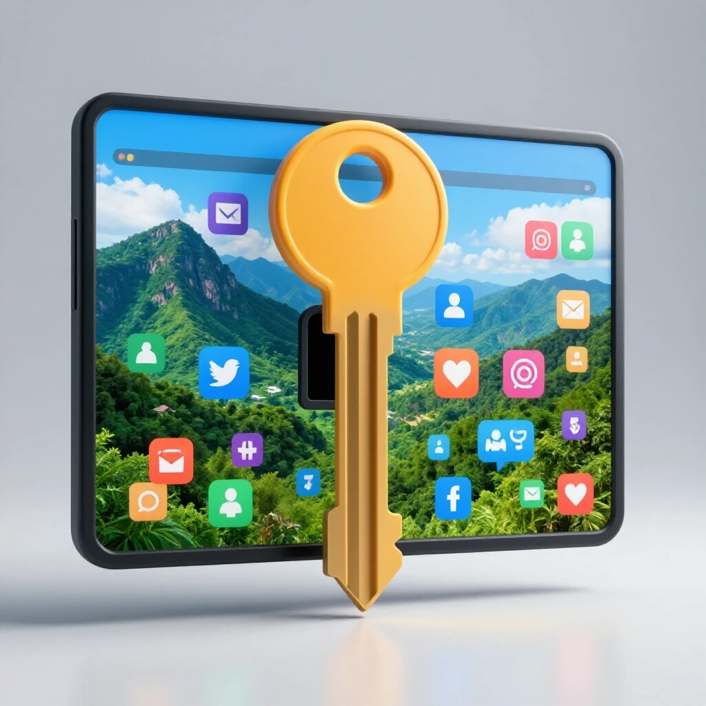 A vibrant key unlocking a digital screen with social media icons, set against a beautiful Philippine landscape backdrop.
