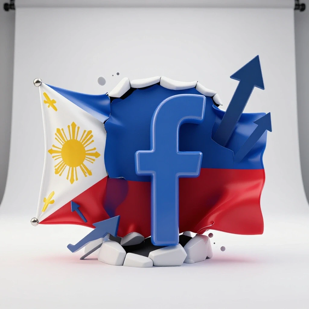 Oversized Facebook logo breaking through Filipino flag, symbolizing growth in social media marketing.