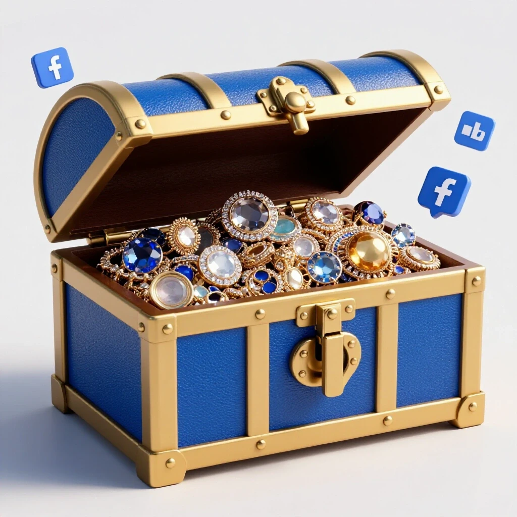 A treasure chest overflowing with sparkling jewelry set against a vibrant Facebook blue and gold background, symbolizing social media marketing.