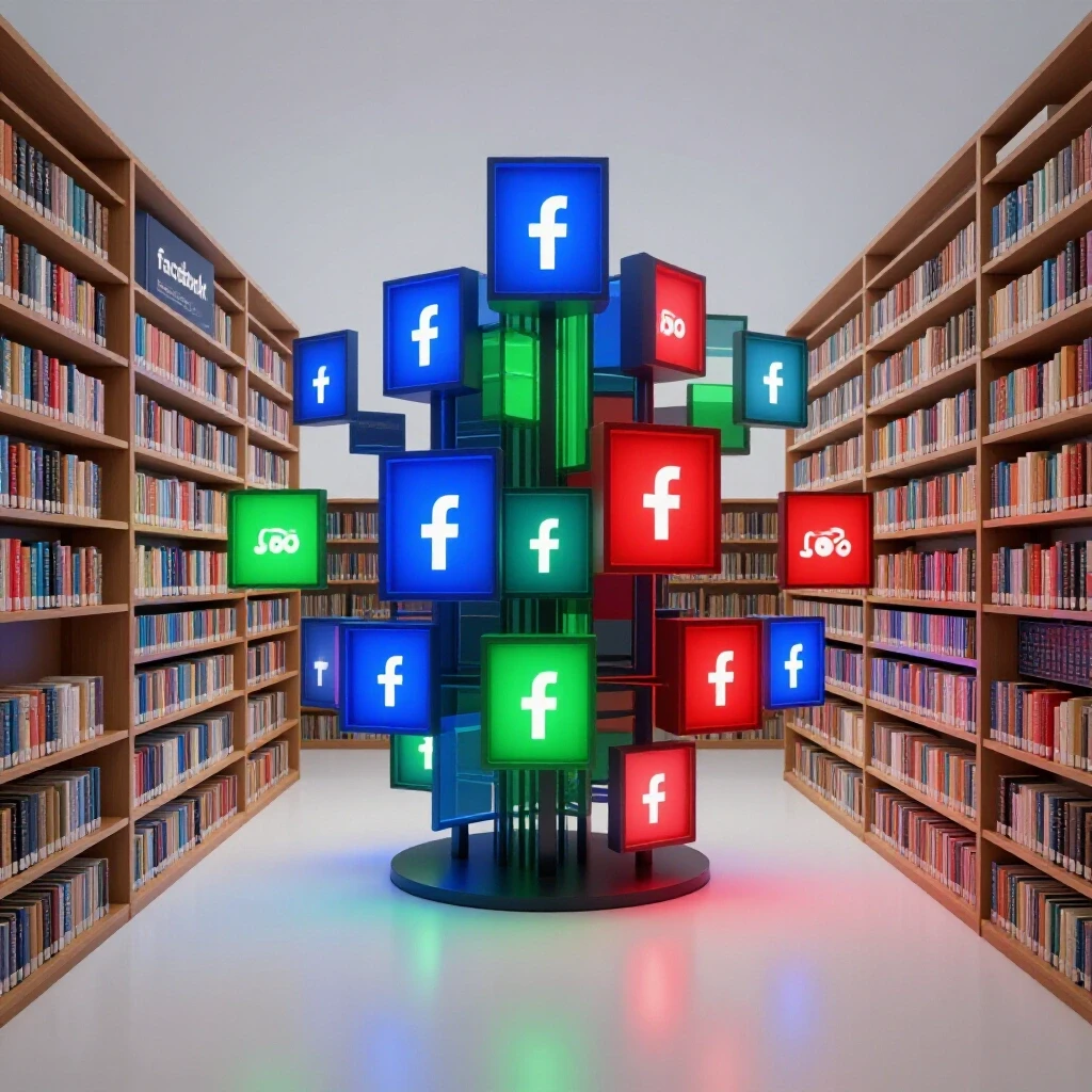 A vibrant digital library with glowing screens displaying Facebook ads, representing digital marketing insights.