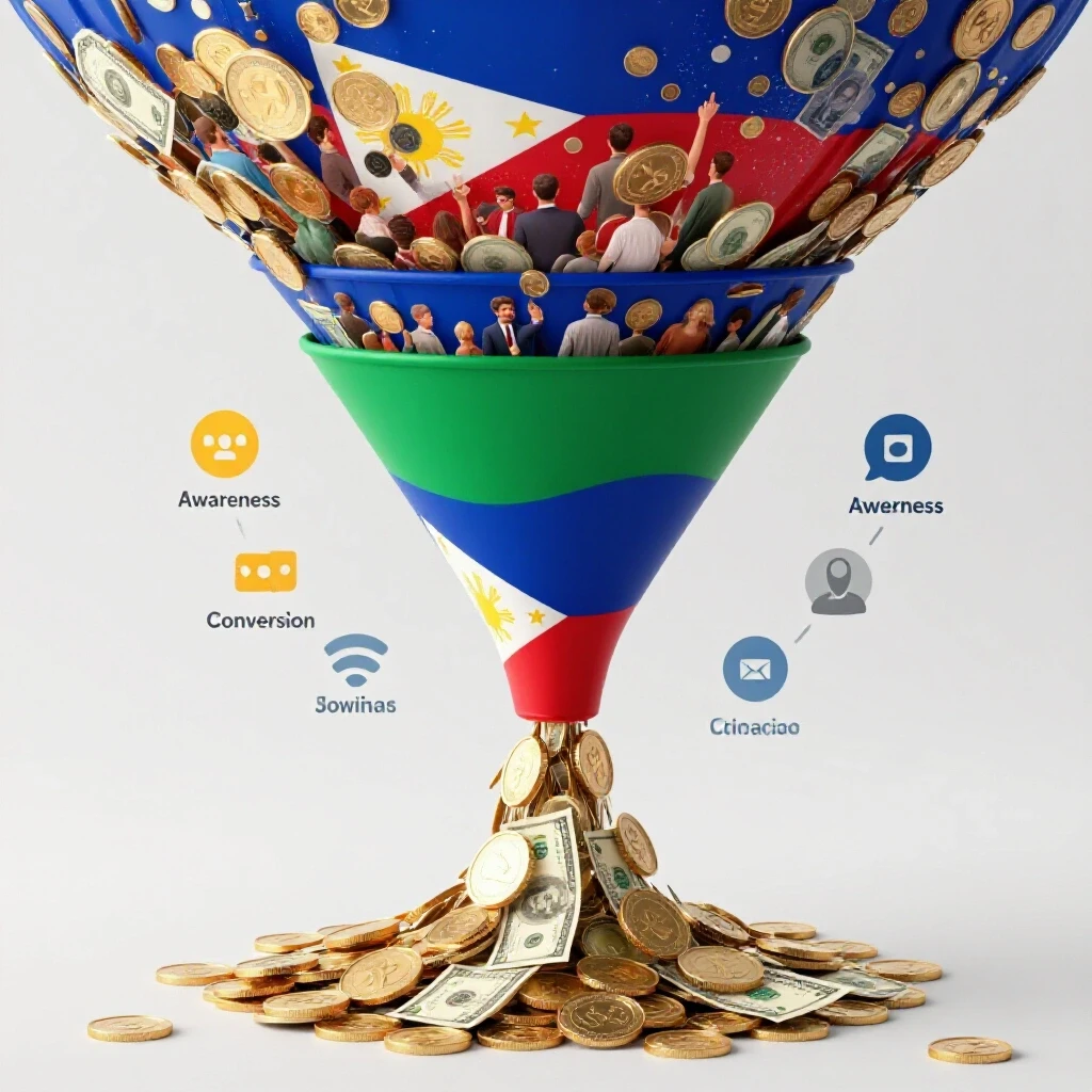 A vibrant 3D funnel representing Facebook Ads sales process, transitioning from a social media feed to cash at the bottom, with Filipino flag colors.