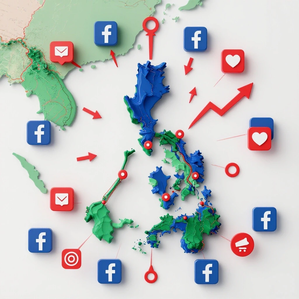 A vibrant 3D illustration of the Philippines map with social media icons and upward arrows, symbolizing growth in digital marketing.