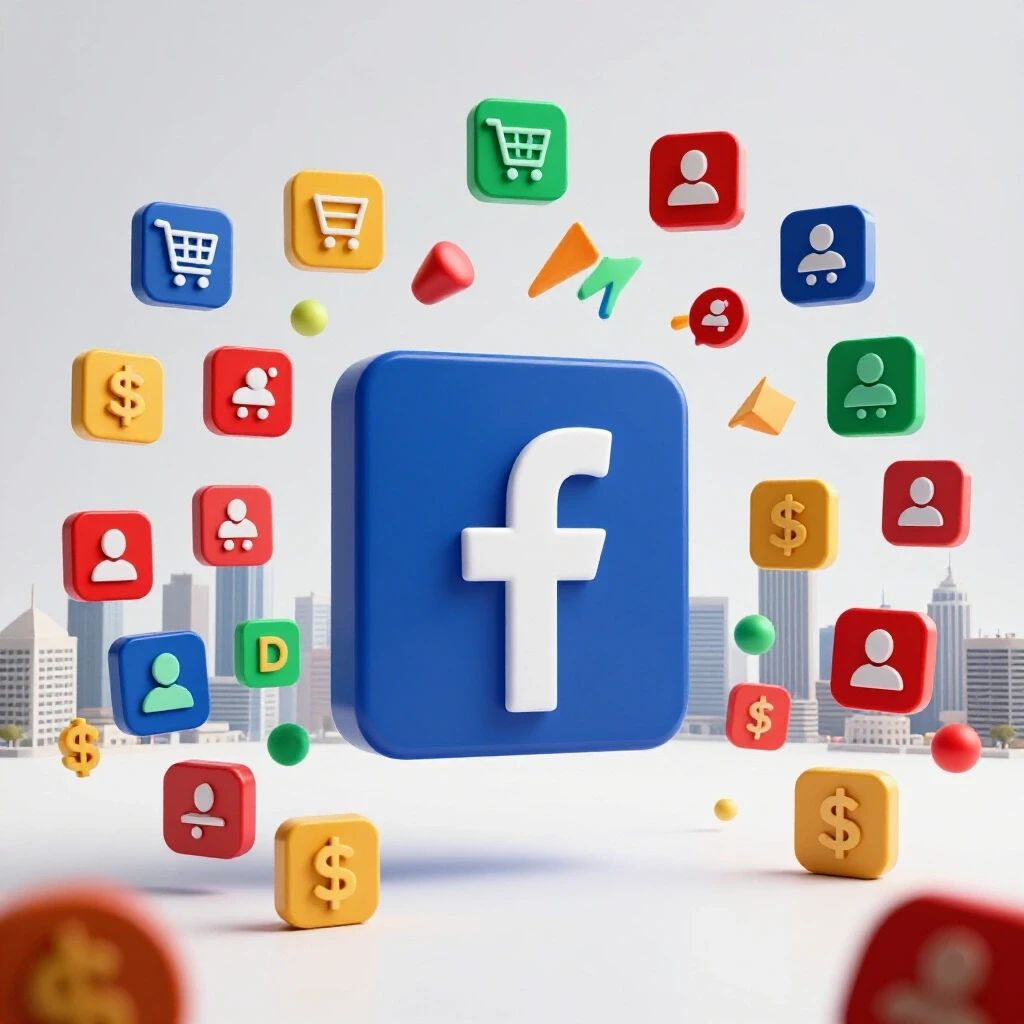 A vibrant Facebook logo attracting colorful icons like shopping carts and dollar signs against a city skyline