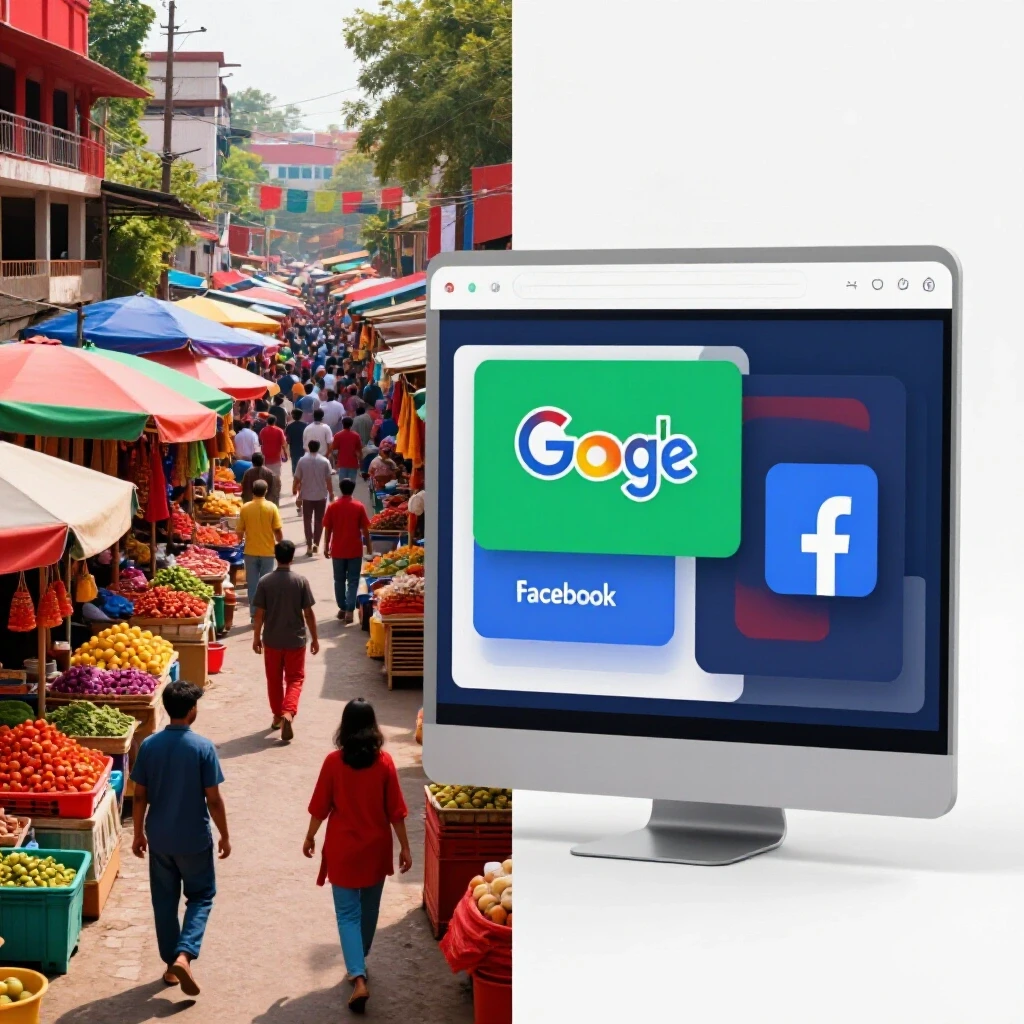 A split image showing a vibrant street market in Bangladesh contrasted with a sleek digital interface of Google and Facebook ads.