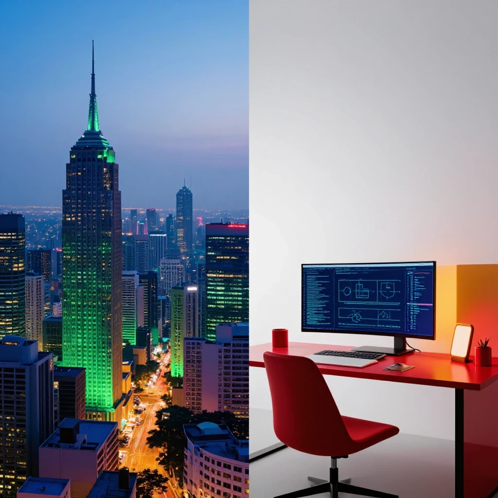 A dynamic split-screen image depicting a vibrant Philippine cityscape contrasted with a modern digital workspace, symbolizing social media marketing mastery.