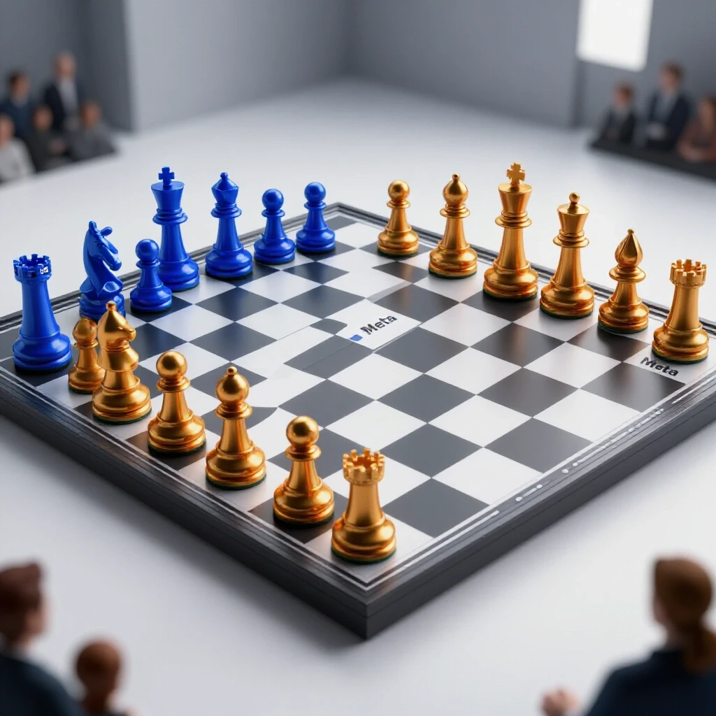 A strategic chess game featuring pieces labeled Meta and Facebook on a modern chessboard, emphasizing competition.
