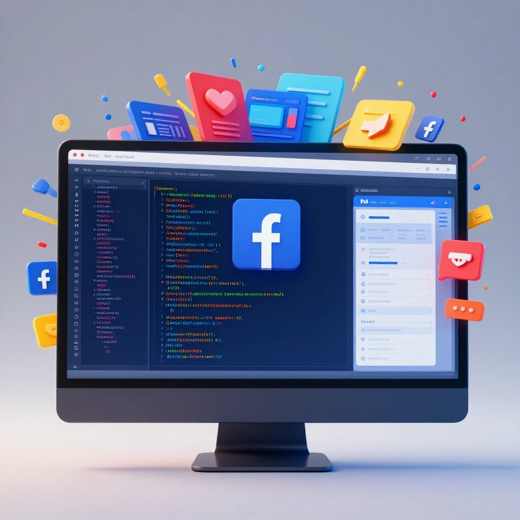 A vibrant computer screen with Facebook ad visuals and complex code demonstrating digital marketing success.