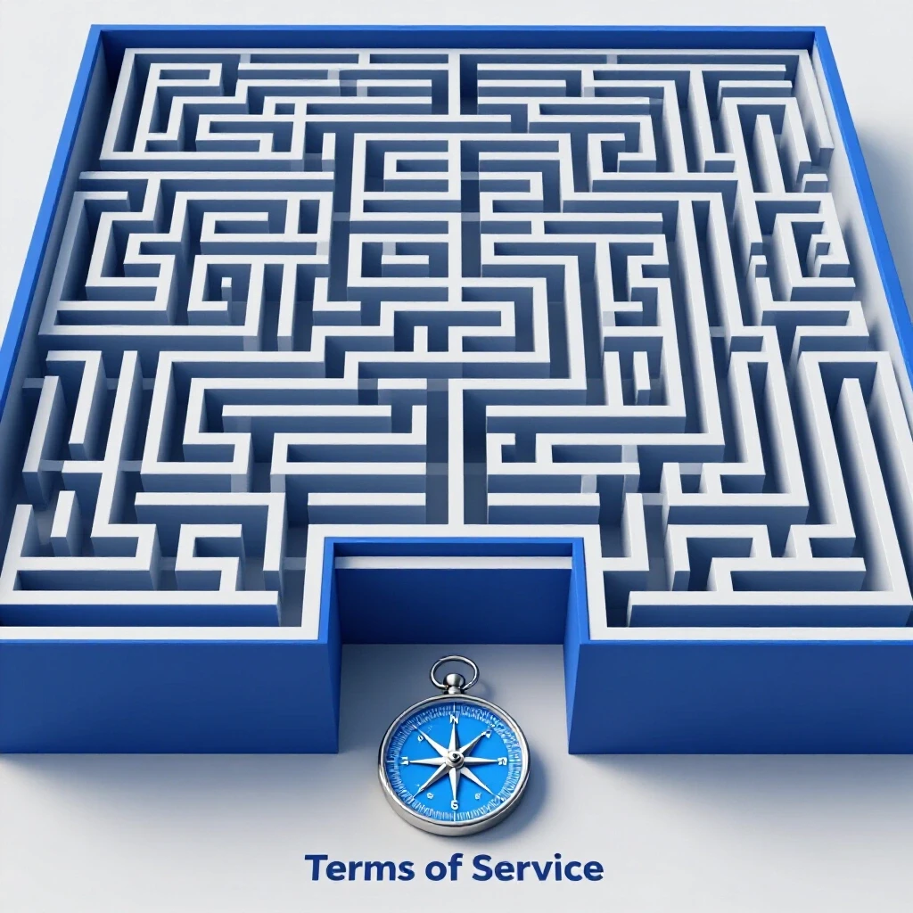 A striking 3D maze in Facebook's blue and white colors with a compass labeled 'Terms of Service' at the entrance.