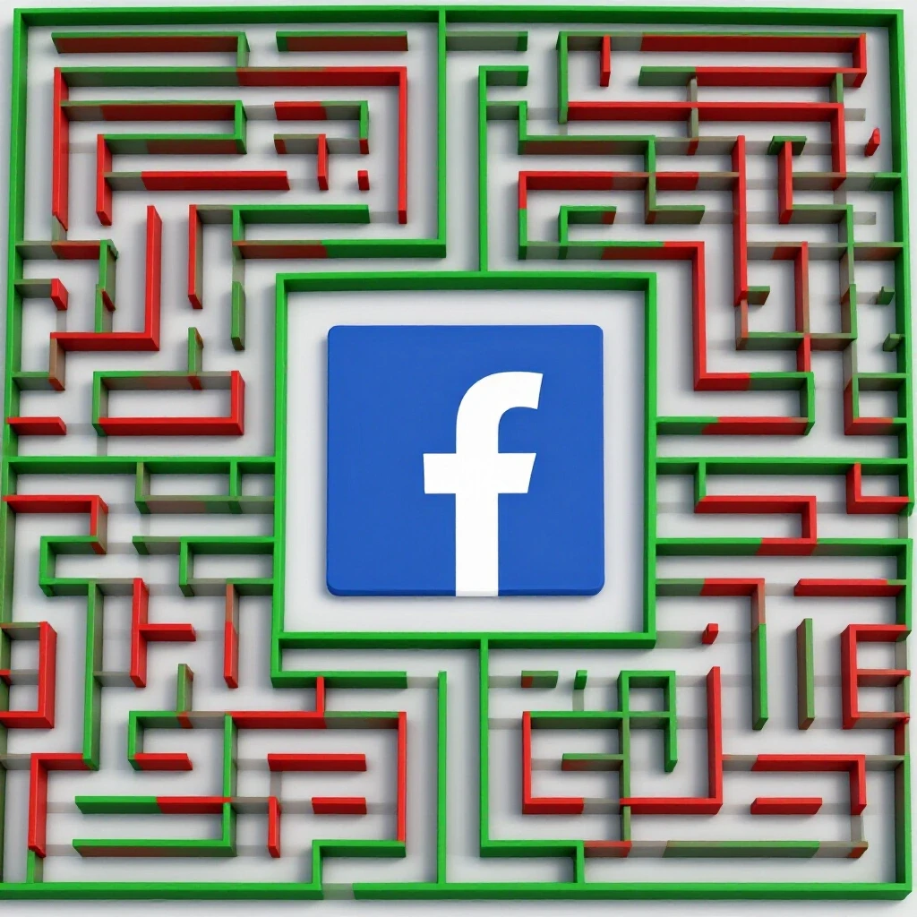 A vibrant, 3D maze with a bold Facebook logo at its center, illustrating the complexity of navigating Facebook Ads.
