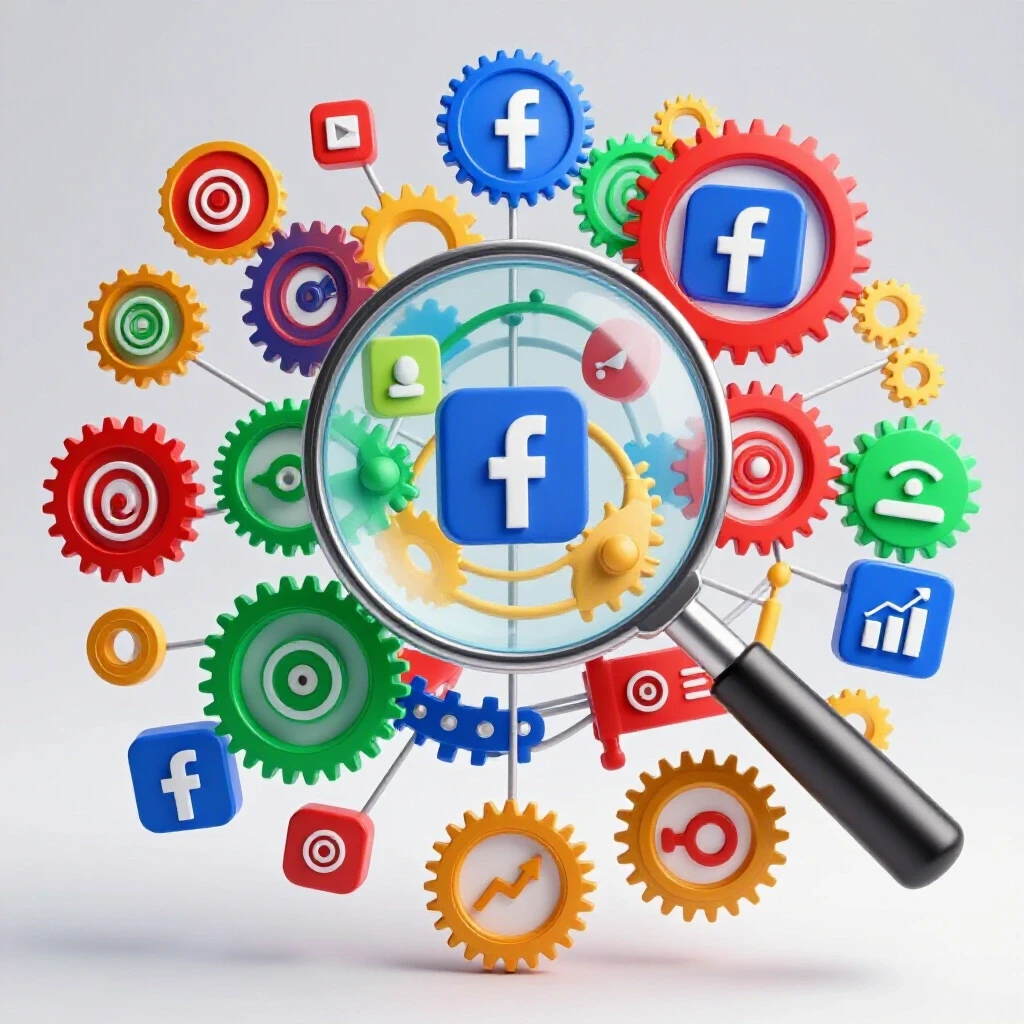 A magnifying glass over a colorful web of gears and icons symbolizing Facebook ad parameters.