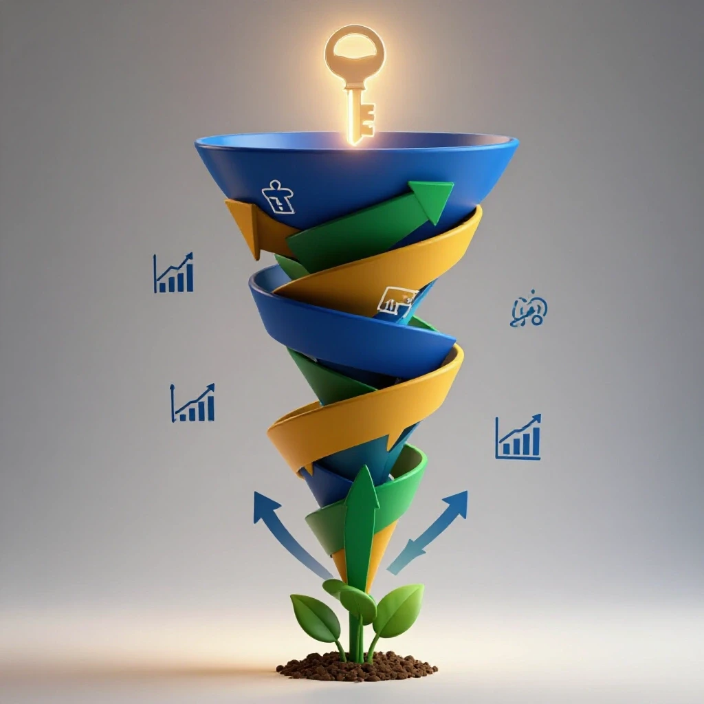 Colorful 3D funnel with arrows showing sales stages and a glowing key, representing Facebook ads growth.