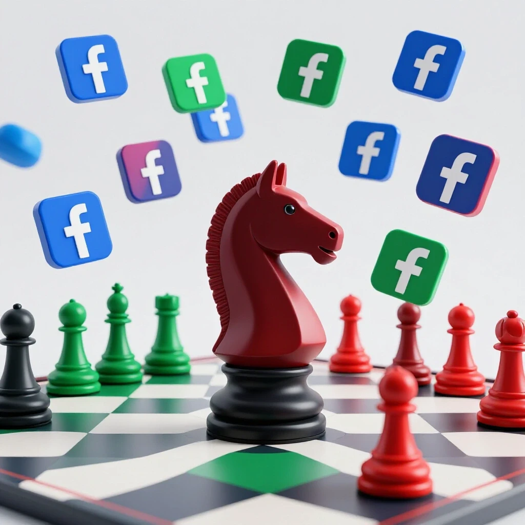 A vibrant chessboard with a knight piece and colorful Facebook logos, symbolizing strategies for effective Facebook ads.