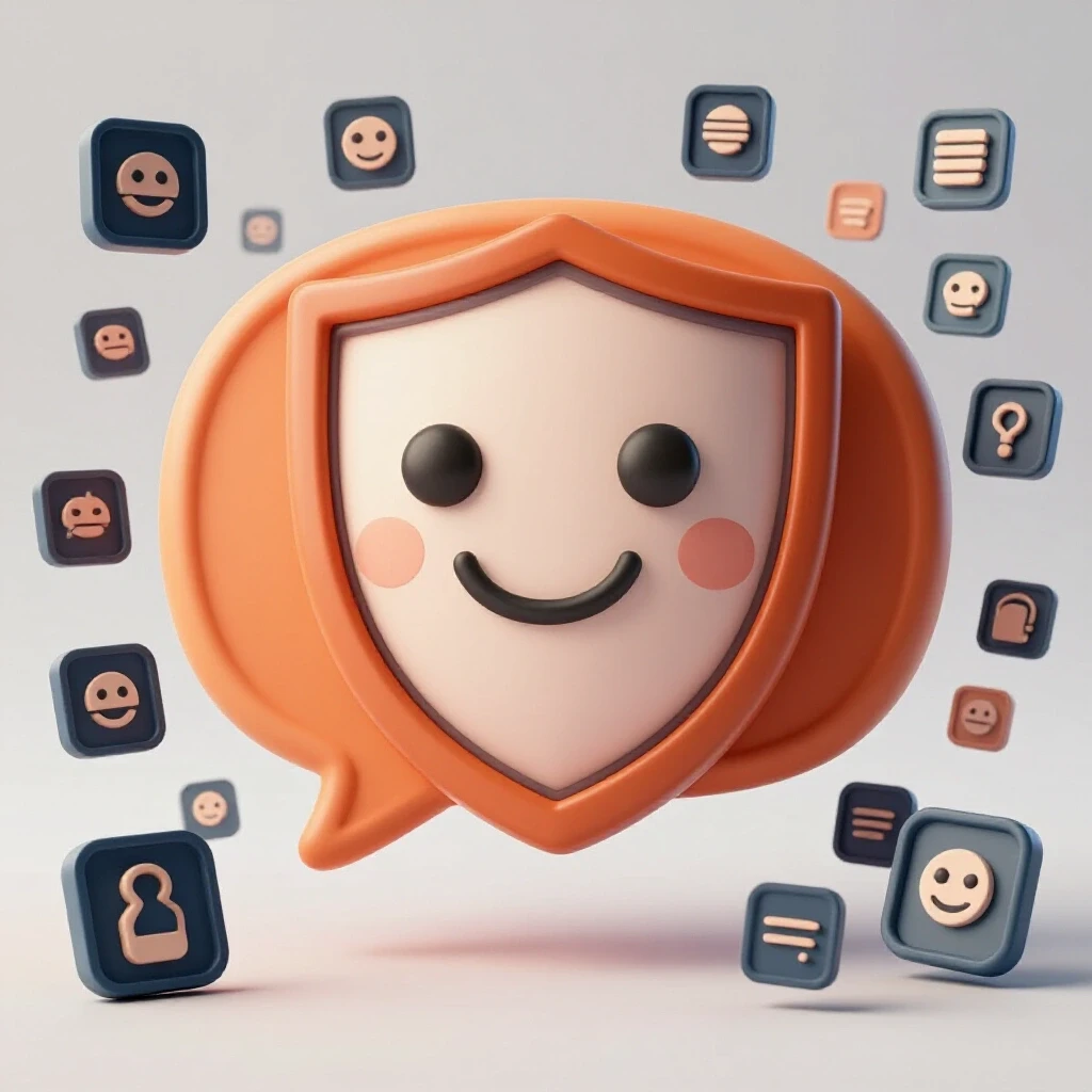 A large friendly chat bubble containing a shield, surrounded by faded ad icons, symbolizing ad protection.