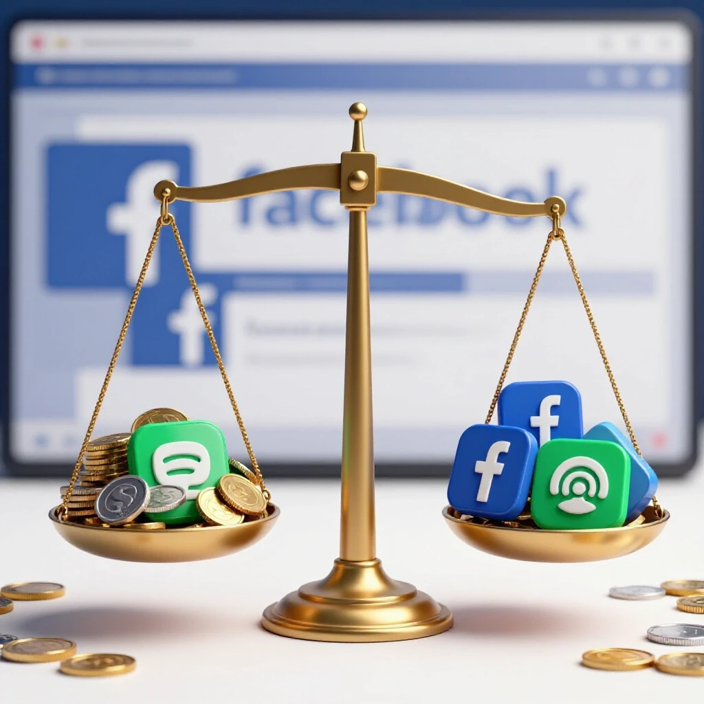 A balancing scale with coins on one side and social media icons on the other, symbolizing the balance between budget and political ads.
