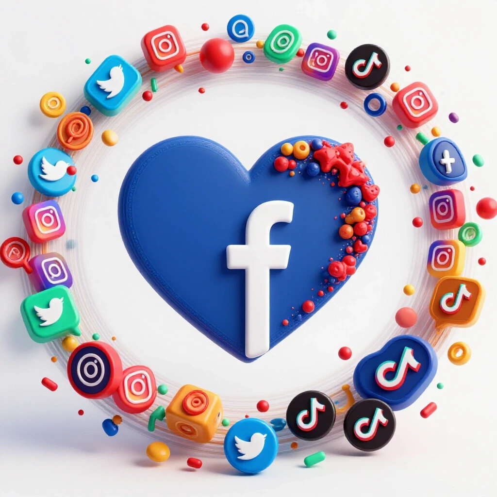 A vibrant Facebook logo in a heart shape surrounded by colorful social media icons on a white background.