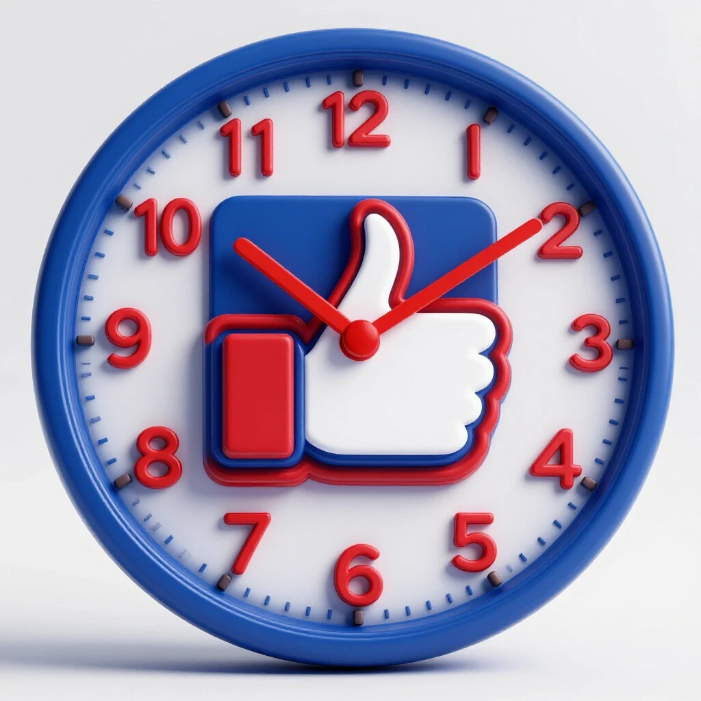 A vibrant swirling clock with a Facebook like symbol integrated into its hands, symbolizing ad frequency and engagement.