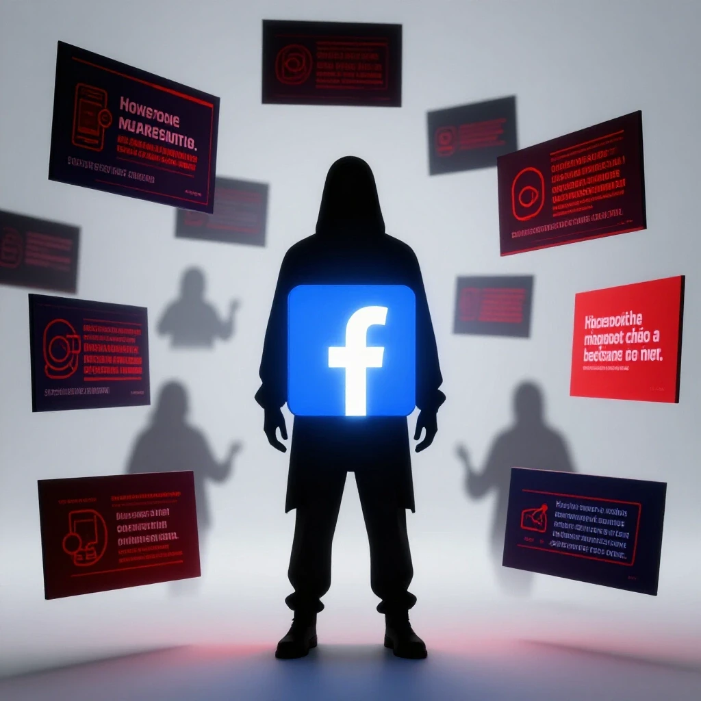 A shadowy figure stands before a glowing Facebook logo, surrounded by ghostly ad silhouettes, symbolizing hidden opportunities.