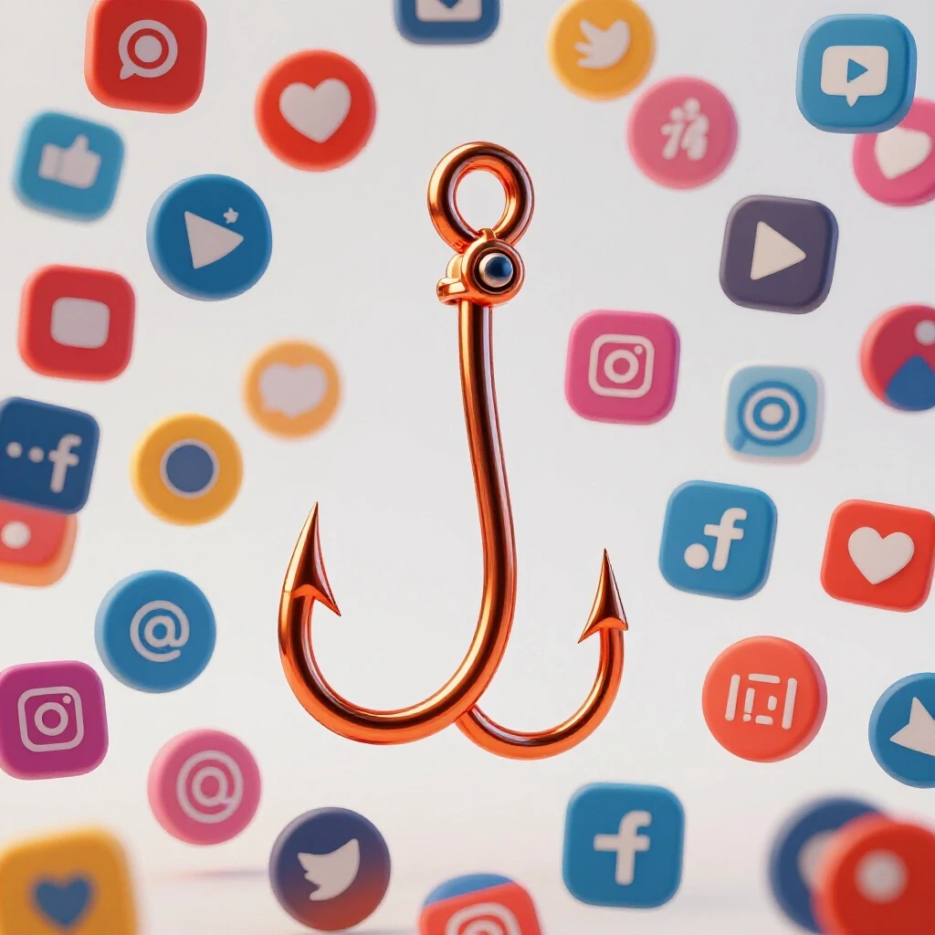 A colorful fishing hook intertwined with social media icons, emphasizing digital connection and engagement.