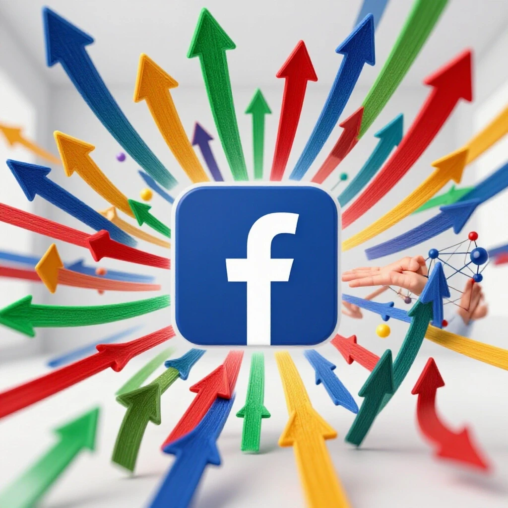 Dynamic composition featuring a large Facebook logo surrounded by colorful arrows symbolizing growth, on a bright background.