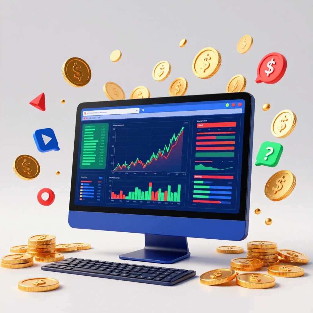 A computer screen displaying colorful analytics graphs, surrounded by digital coins, symbolizing ad success.