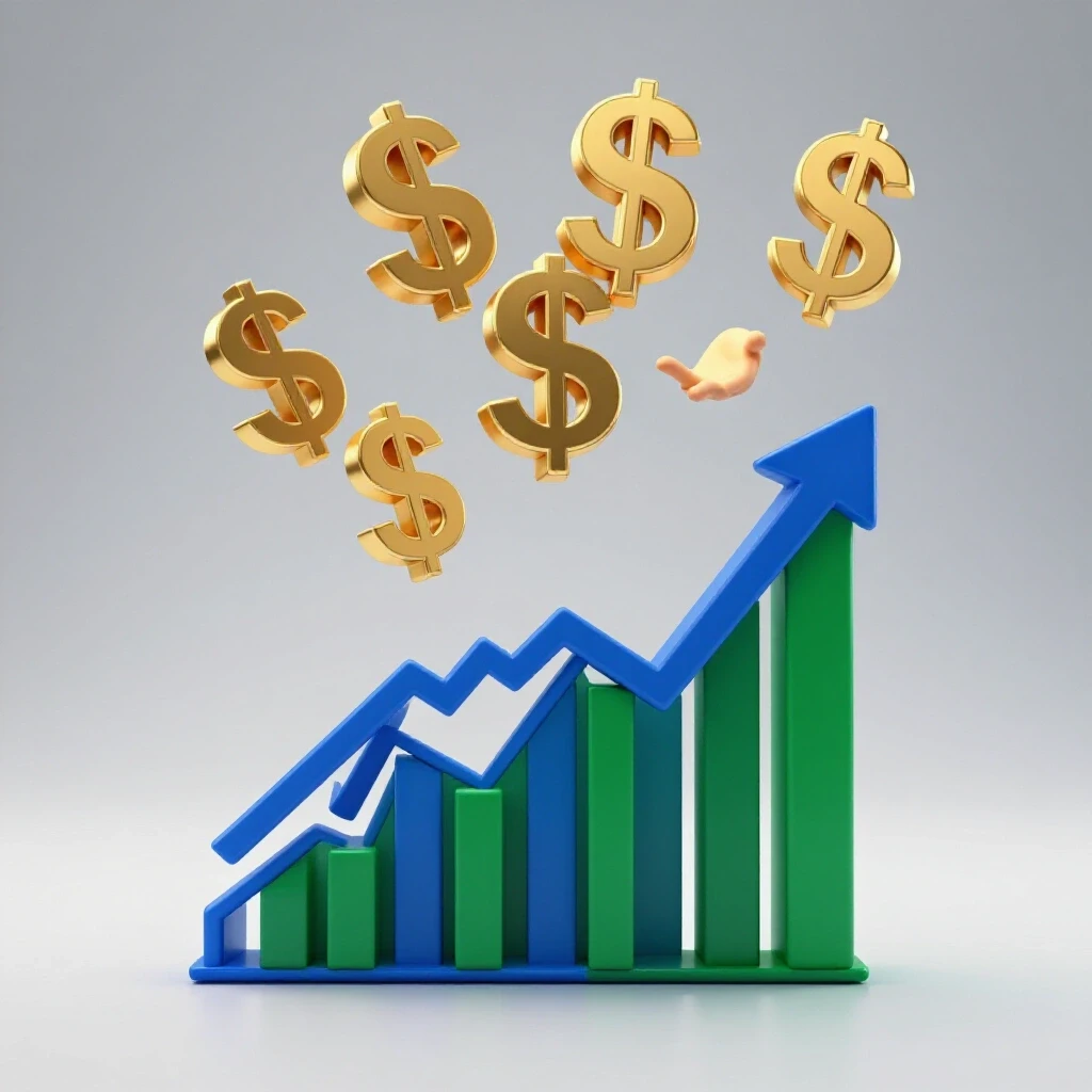 A striking 3D image of a blue and green upward-trending graph with gold dollar signs floating within reach, symbolizing conversion value.