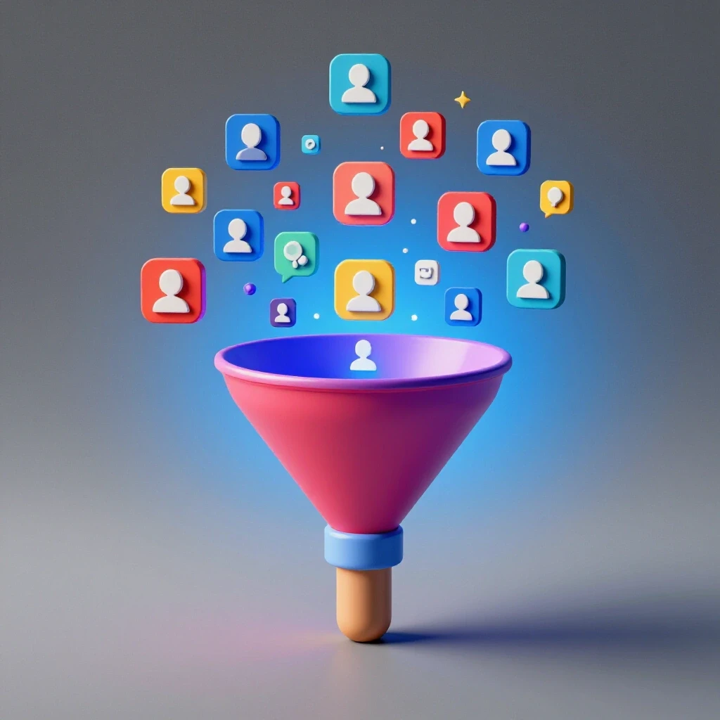 3D digital form transforming into a colorful funnel with user profile icons, set on a bright gradient background.