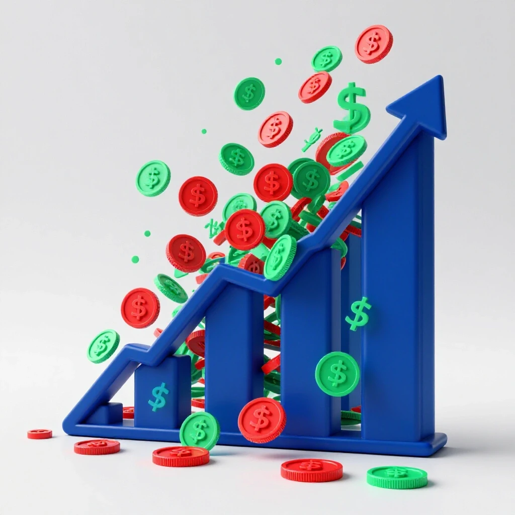 A vibrant 3D visual of a rising graph surrounded by exploding coins and digital currency symbols, illustrating growth.