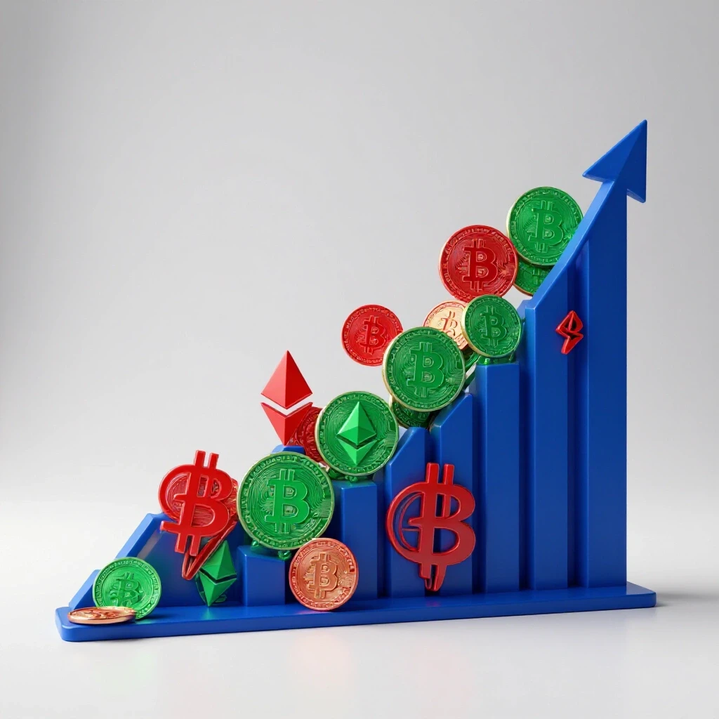 3D-rendered upward-trending graph with currency symbols in a bright studio setting, representing crypto event growth.