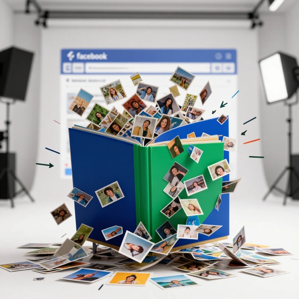 A vibrant album overflowing with colorful photos against a blurred Facebook interface background, suggesting engagement and excitement.