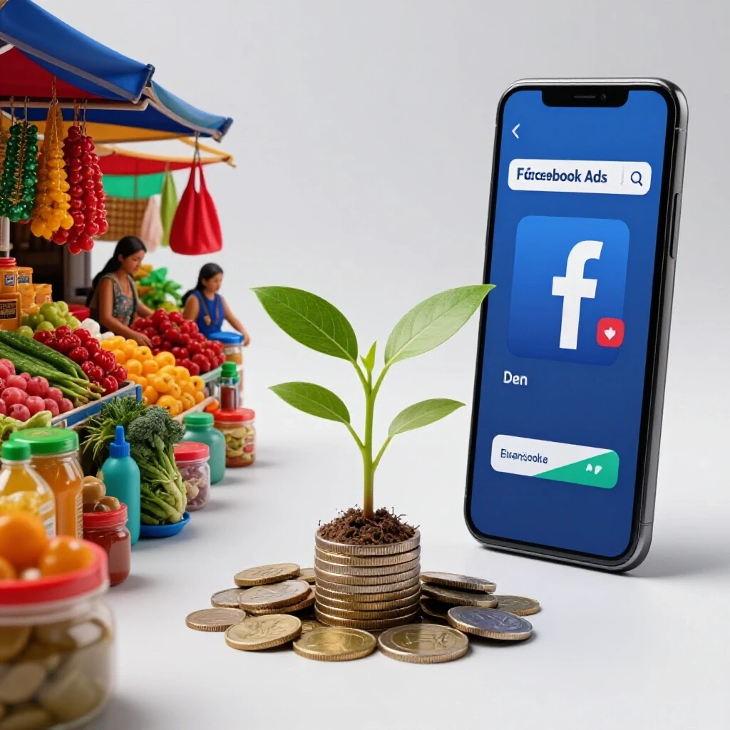 A smartphone displaying Facebook Ads next to a colorful Filipino market scene, symbolizing budget growth with a plant growing from a coin.
