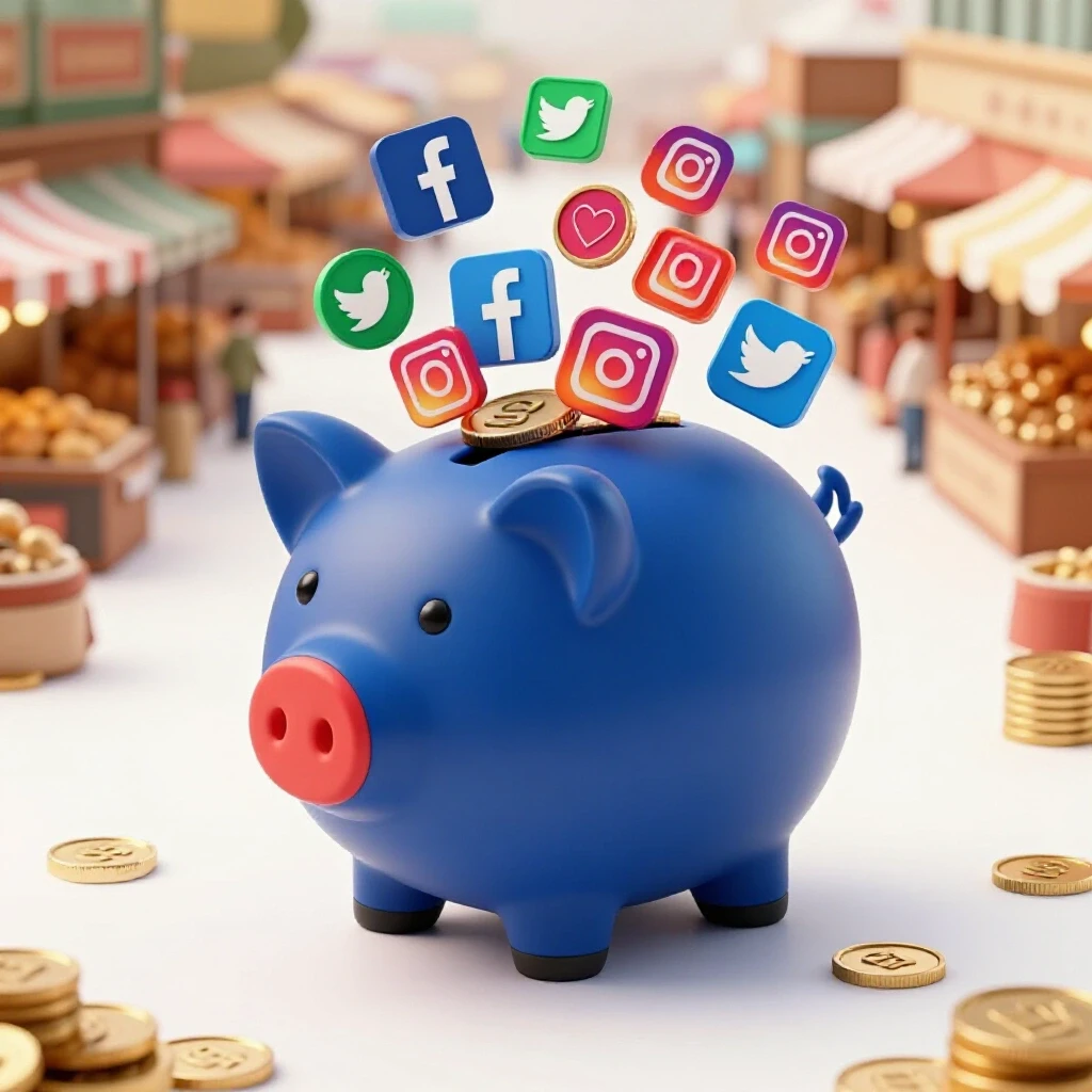 A vibrant piggy bank bursting with social media icons symbolizes the growth potential of budget Facebook ads.