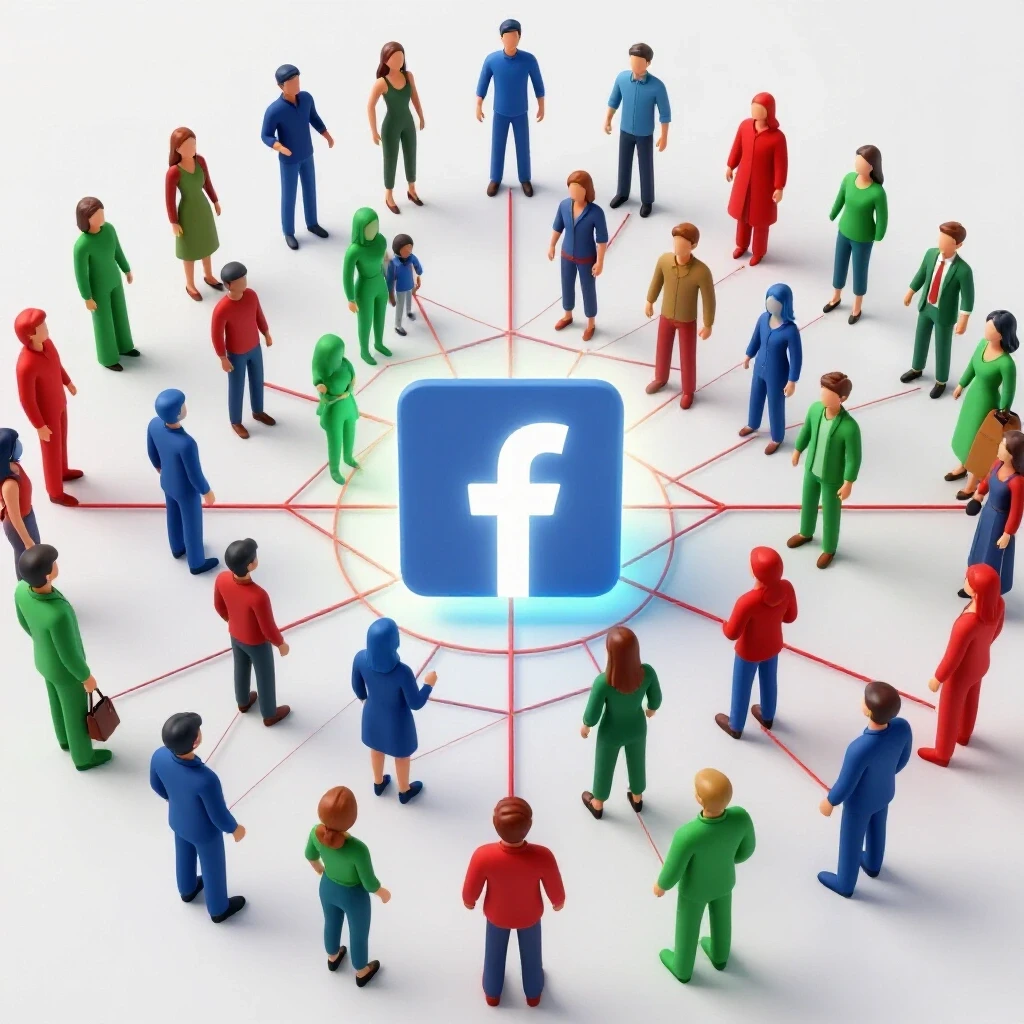 A vibrant 3D web of diverse figures connecting to a glowing Facebook logo, illustrating community engagement.