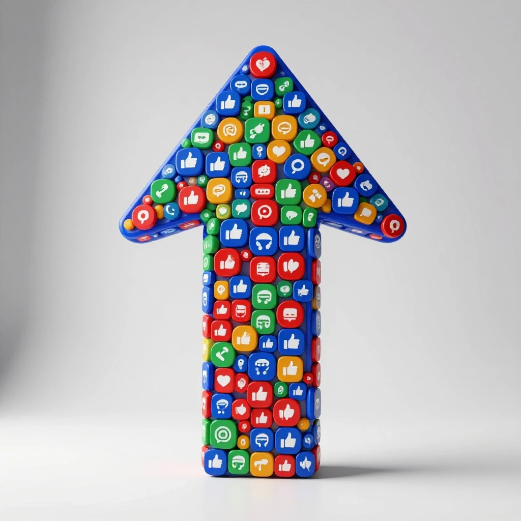 A vibrant 3D upward arrow made of various social media icons, set against a bright background, representing metric breakdowns.