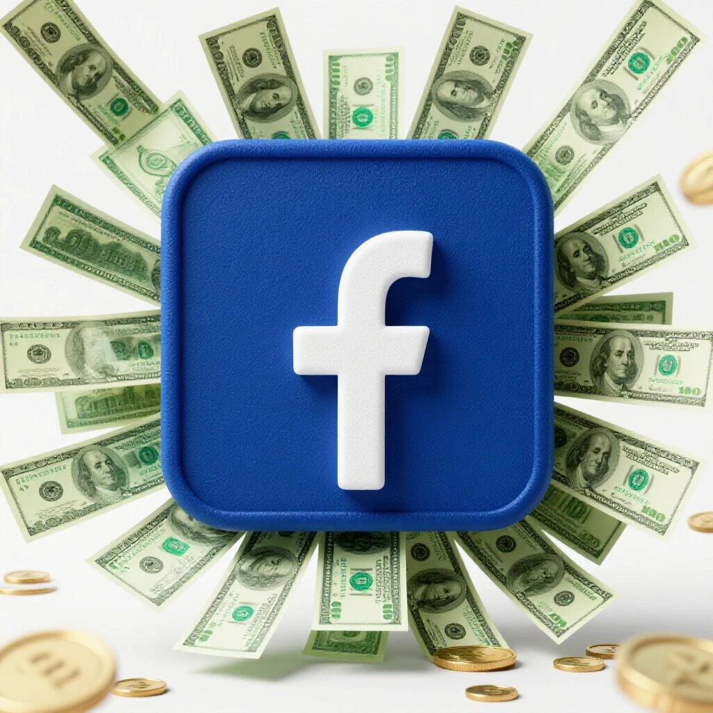 A vibrant Facebook group icon surrounded by dollar bills and coins, symbolizing profit growth in social media advertising.