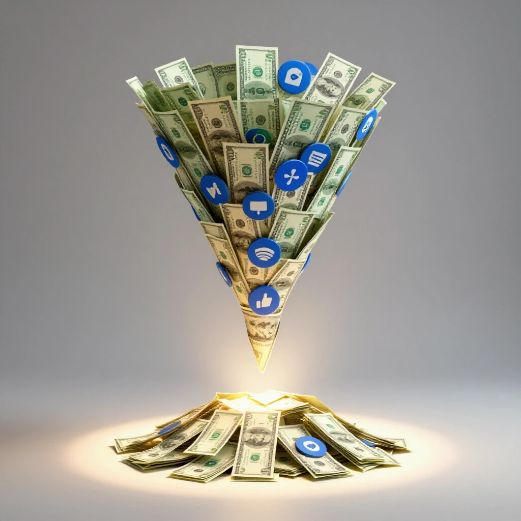A 3D funnel made of dollar bills and social media icons, with light illuminating its base, symbolizing ROI.