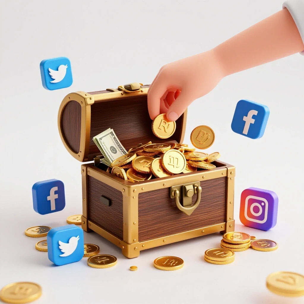 A treasure chest overflowing with gold coins and dollar bills, surrounded by social media icons, symbolizing maximizing ROI.