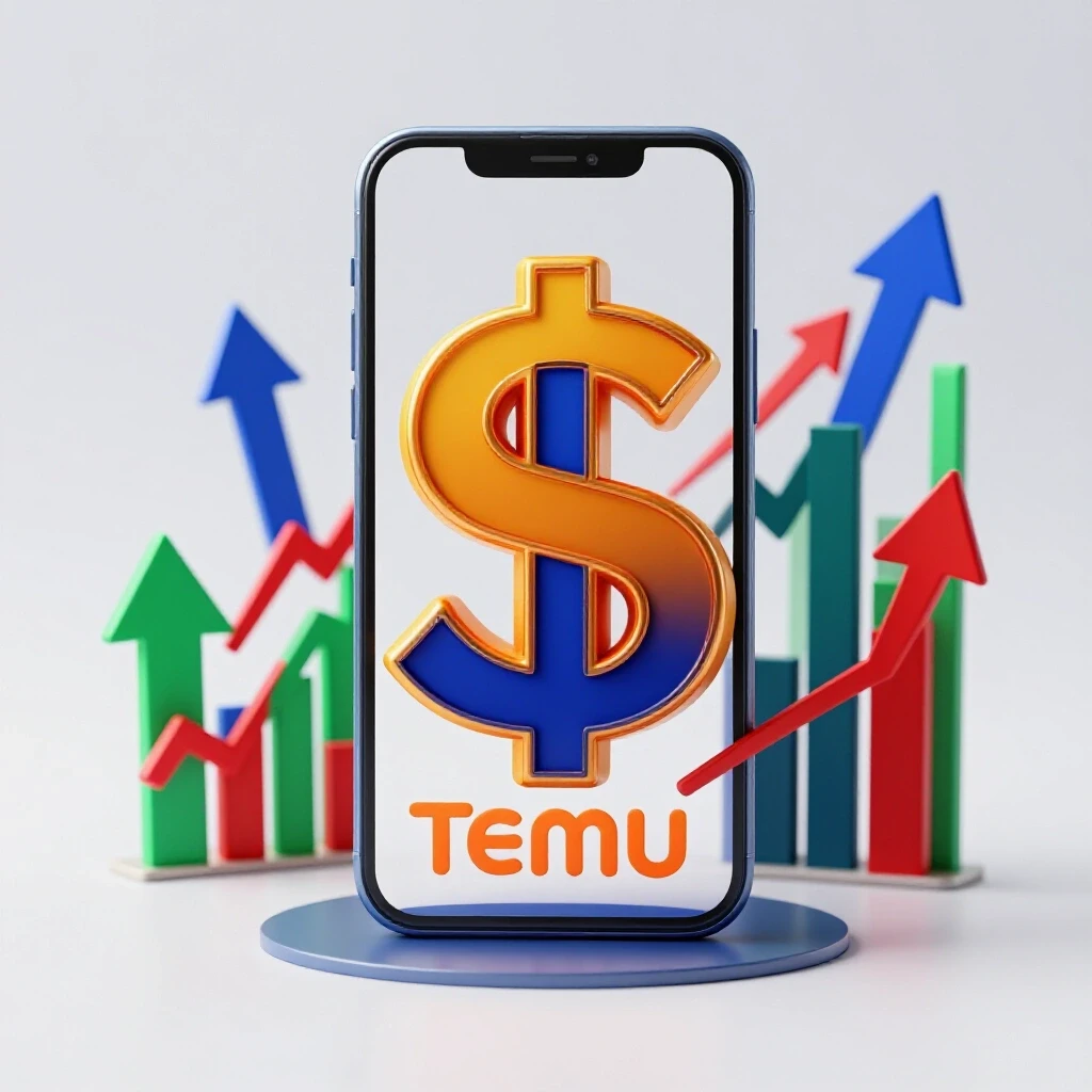 A dollar sign emerging from a smartphone displaying the Temu logo, surrounded by upward arrows and graphs, symbolizing growth.