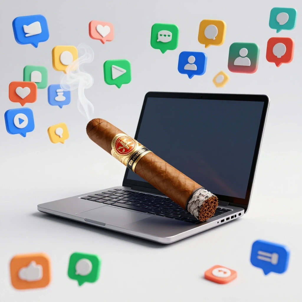 Elegant cigar on an open laptop with vibrant social media icons emerging from smoke, symbolizing luxury and digital marketing.