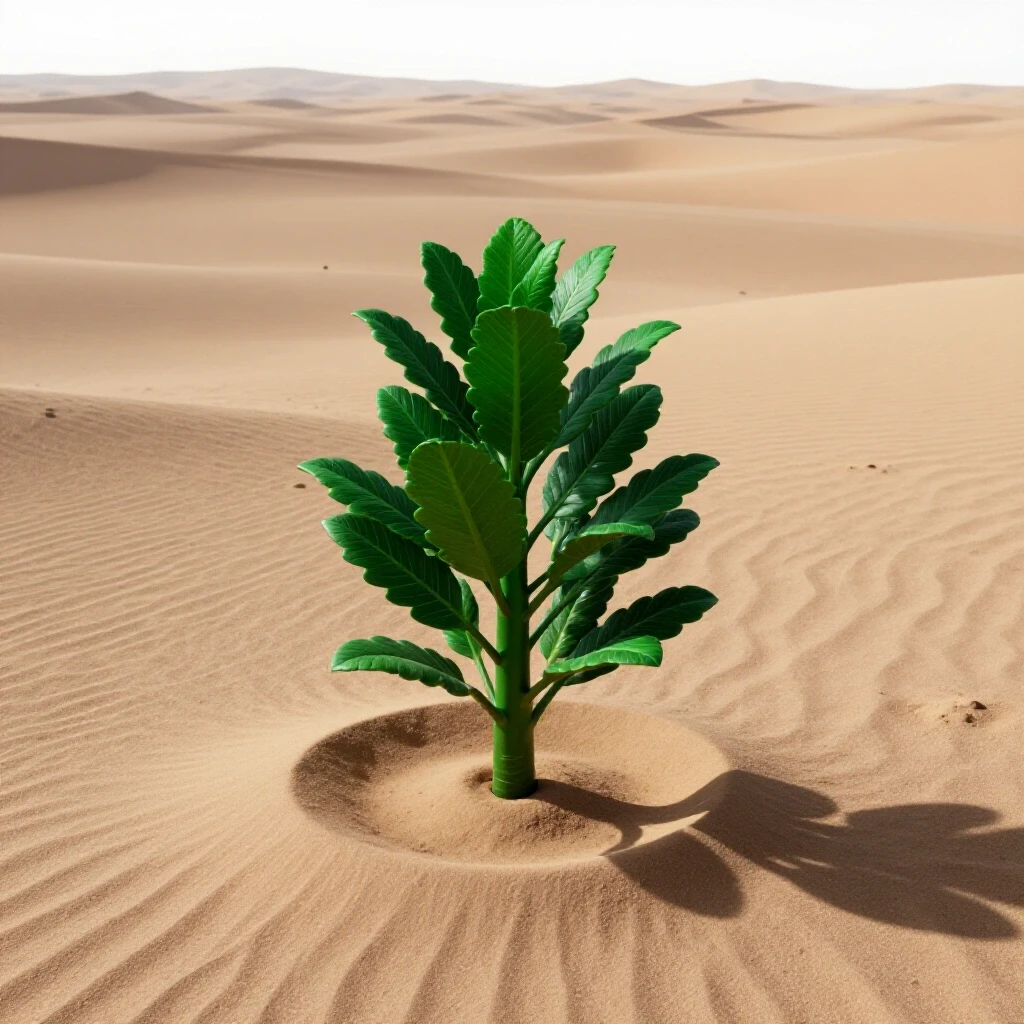A small, vibrant green plant thriving in a barren desert landscape, symbolizing growth and resourcefulness.