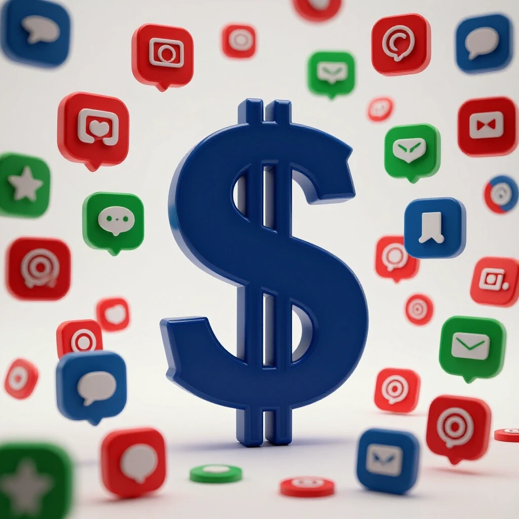 3D-rendered image of a large dollar sign surrounded by ascending social media icons, symbolizing ad ROI growth.