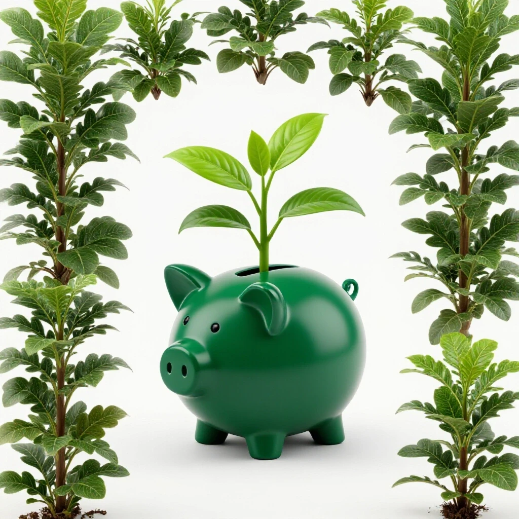 A green plant growing from a glossy piggy bank representing financial growth and resource maximization