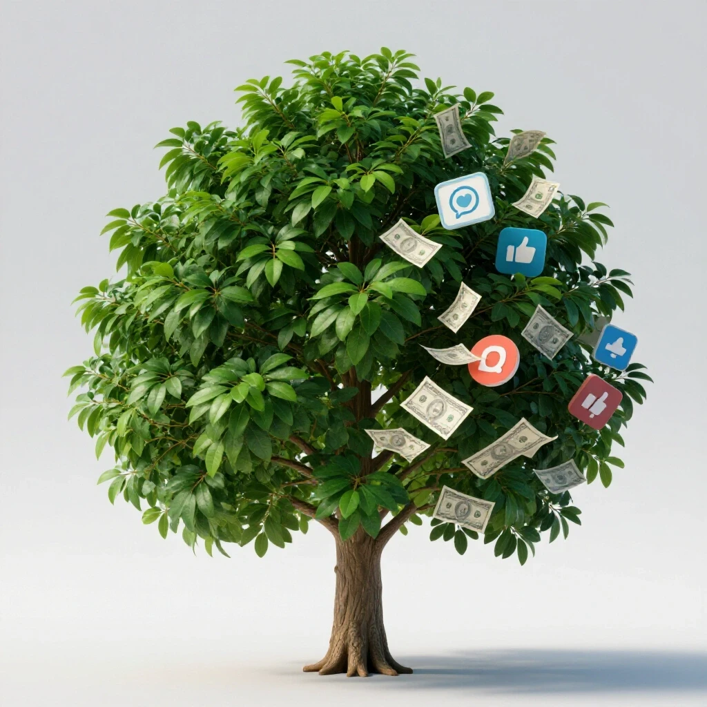 A vibrant money tree flourishes against faded social media icons, illustrating ad ROI contrasts.