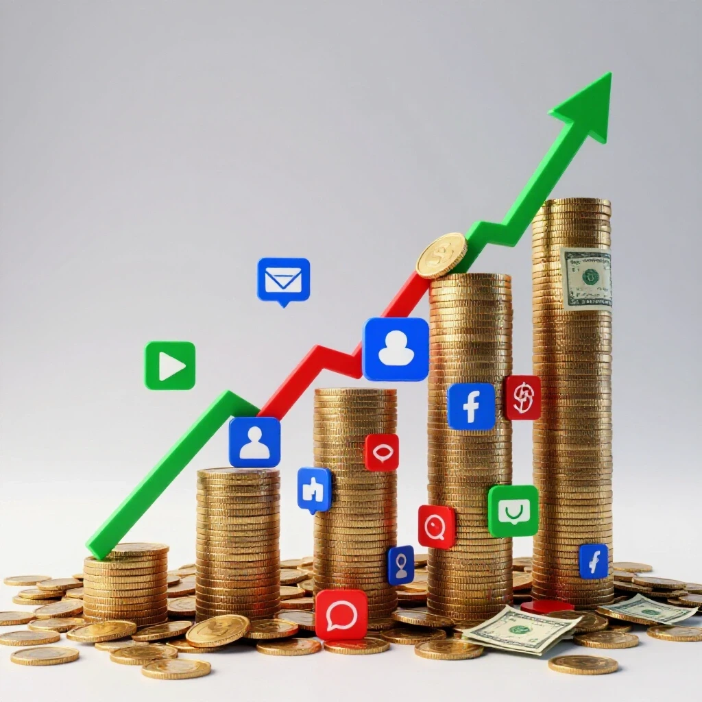 3D-rendered visual of a rising graph made of coins and social media icons in a bright studio setting.