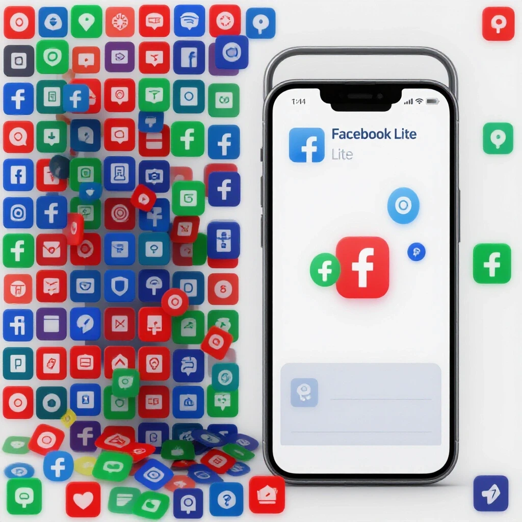 A polished smartphone displaying an app drawer overflowing with icons on one side and a minimalistic Facebook Lite app interface on the other.